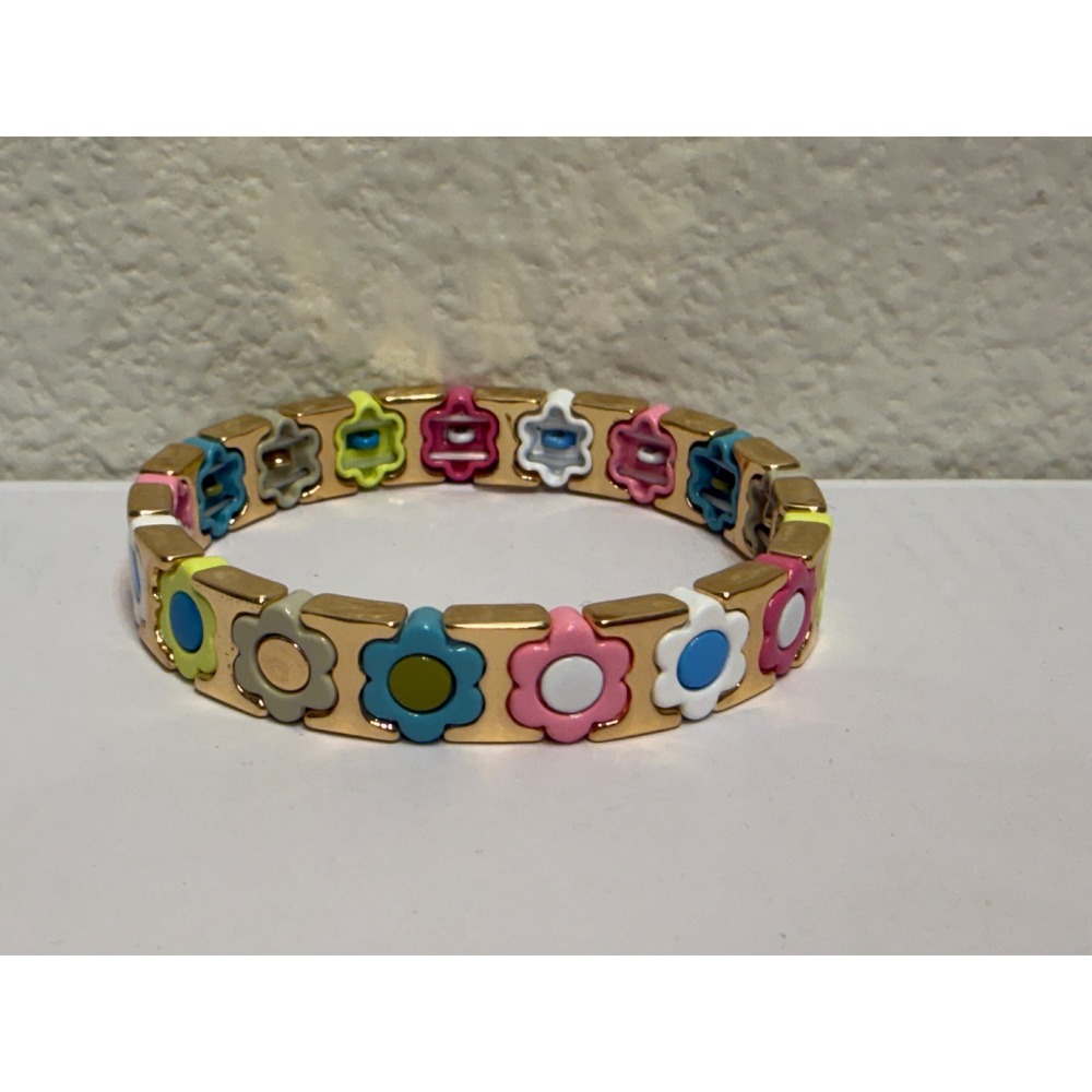 Multi Color Enamel Flower Stretch Bracelet‎ Gold Tone Daisy Floral Bangle 6.5in